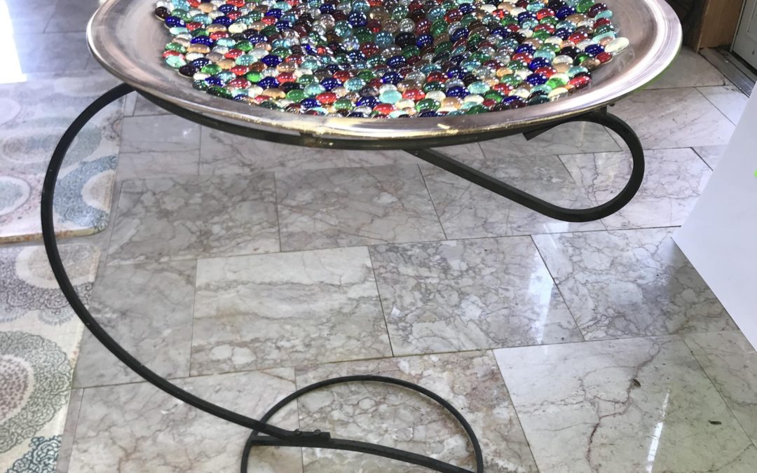 Repurposed Copper Bird Bath: Glass Gem Accent Table