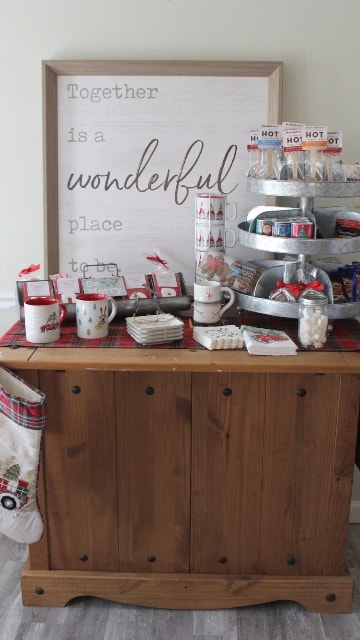 My sister is amazing! Her beverage station from a repurposed childhood desk  and hutch. Labeled teas, coffee, and hot choc…